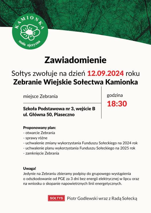 Zawiadomienie o Zebraniu Wiejskim Sołectwa Kamionka