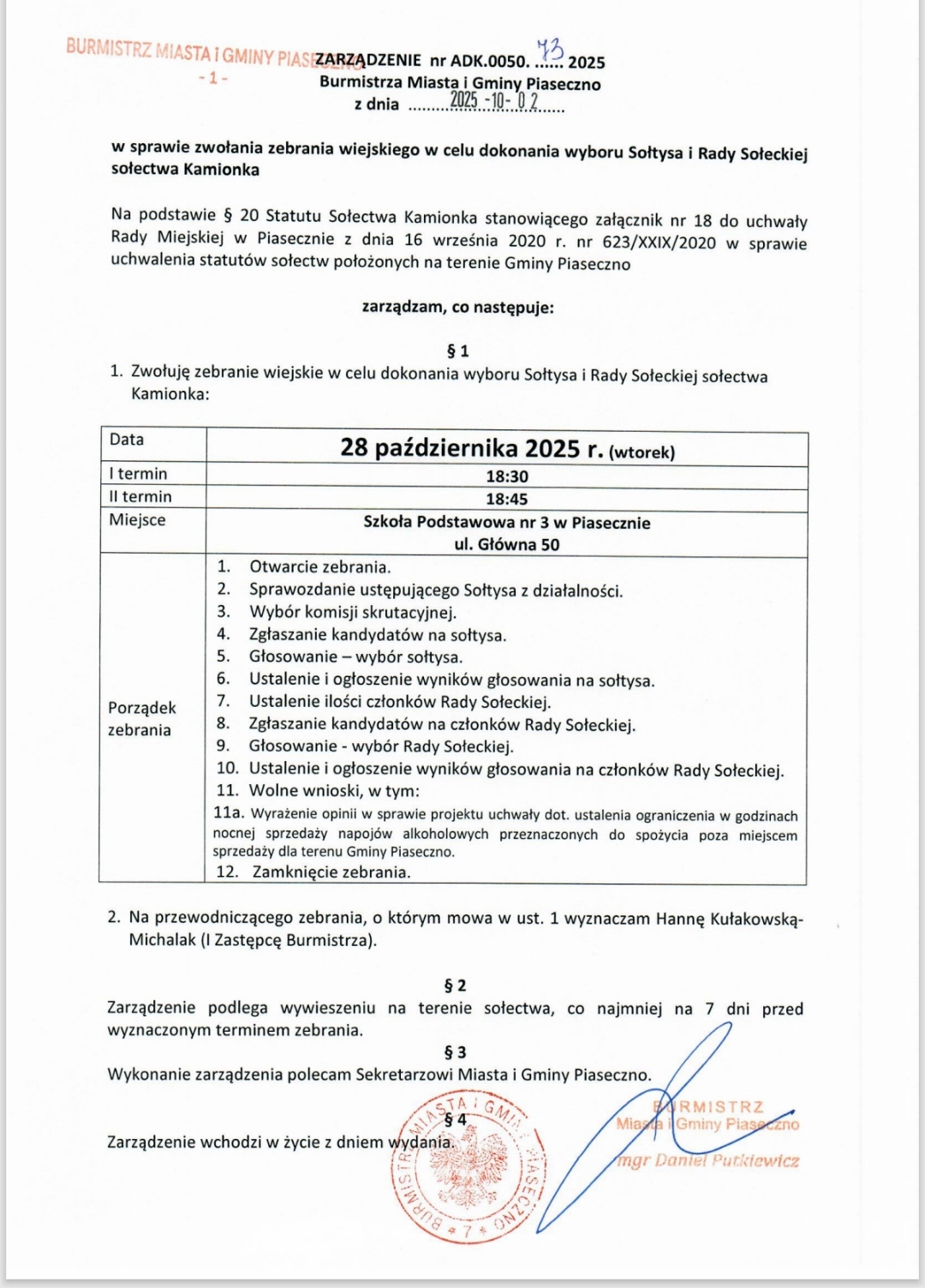 Zarządzenie zwołujące zebranie wiejskie